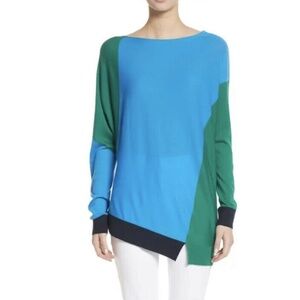 St John | Colorblock Wool Top Womens Lg Blue Long Sleeve Pullover Asymmetrical